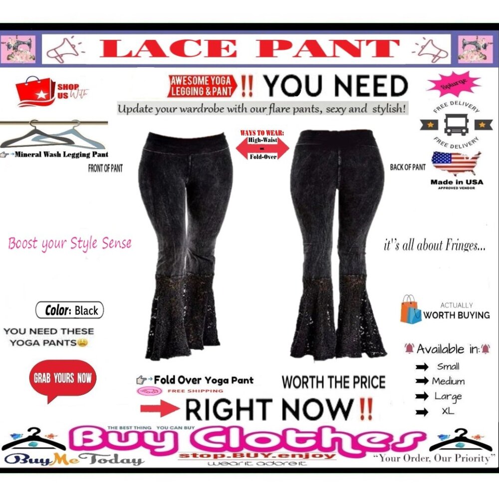 🛑 BOTTOM Fold Embroidery ➕ LACE 🆒 LEGGING PANT High Waist FLARE Wash BUY NOW - Picture 12 of 16